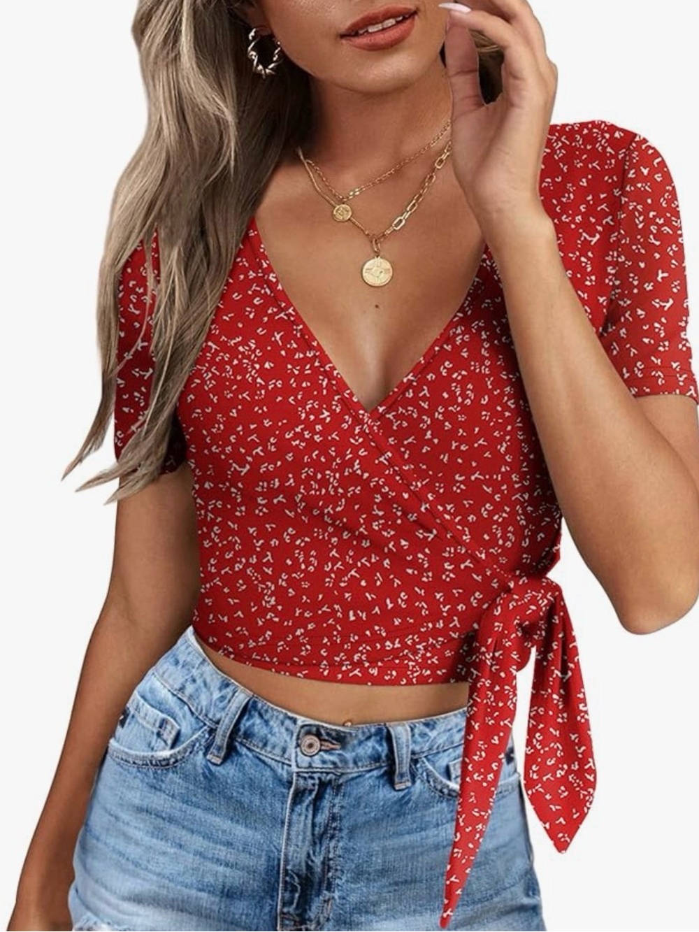 Red Floral Wrap Crop Top with Side Tie